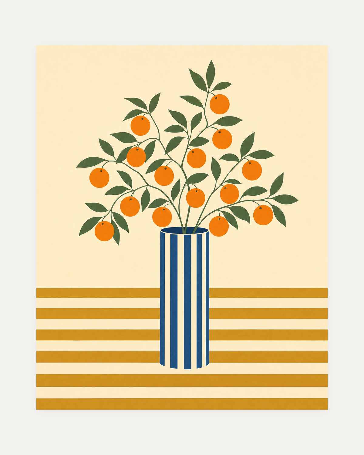 Morning Oranges unframed orange tree art print showing orange fruit and leaves in a blue striped vase