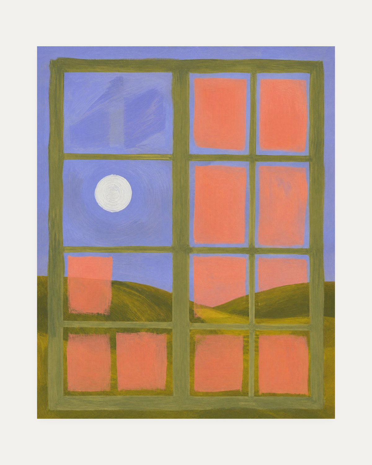 Window Noon grid window sun wall art, coral panes, cobalt field, white sun disc near upper right