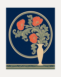 Morris Night Garden Vessel Remap unframed vintage floral wall art print showing three coral flowers and sage acanthus in a cream vase on navy