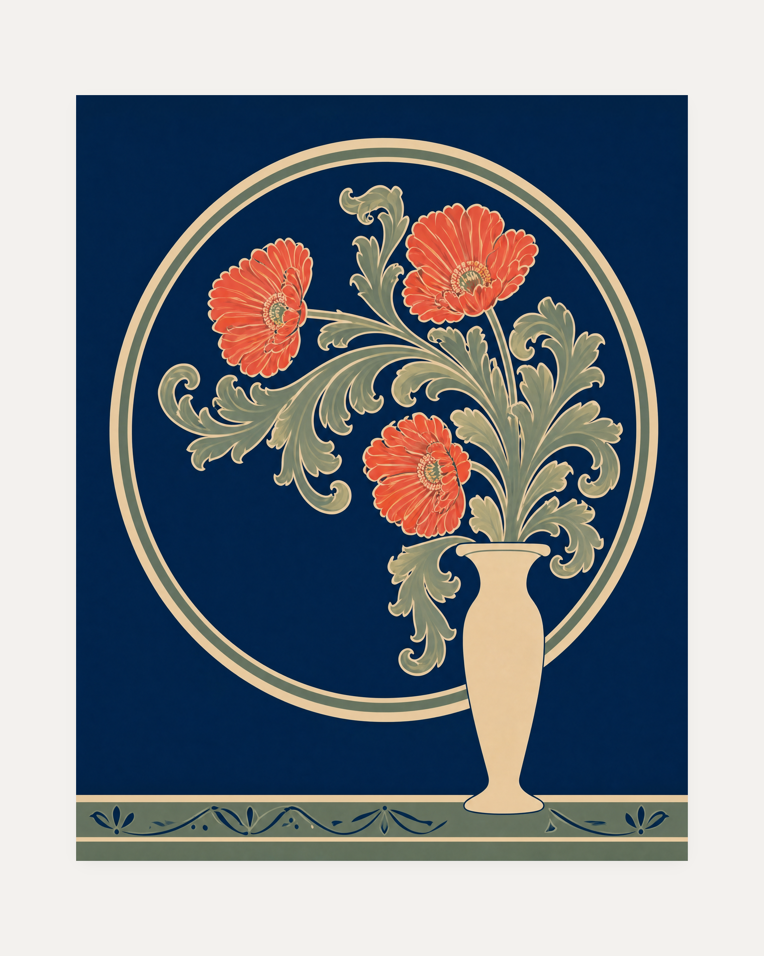Morris Night Garden Vessel Remap unframed vintage floral wall art print showing three coral flowers and sage acanthus in a cream vase on navy