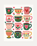 Morning Mugs unframed mug wall art print showing a grid of patterned mugs