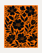 Franny Flowers unframed vintage flower poster print showing black flowers and leaves on an orange field