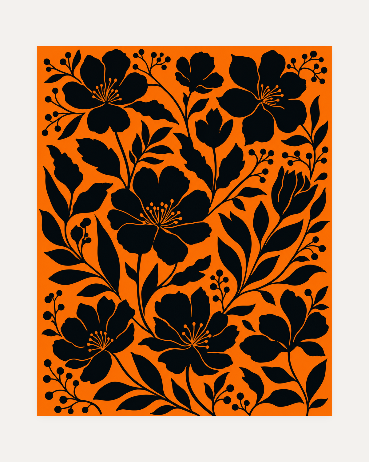 Franny Flowers unframed vintage flower poster print showing black flowers and leaves on an orange field