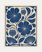 Pod Garden unframed blue flower wall art print showing two cobalt flowers and seed pods on cream