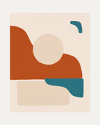 Horizon Sun unframed burnt orange mid century wall art print showing beige sun in terracotta with teal accents