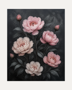 Charcoal Peonies unframed charcoal peony print showing pink peonies on charcoal