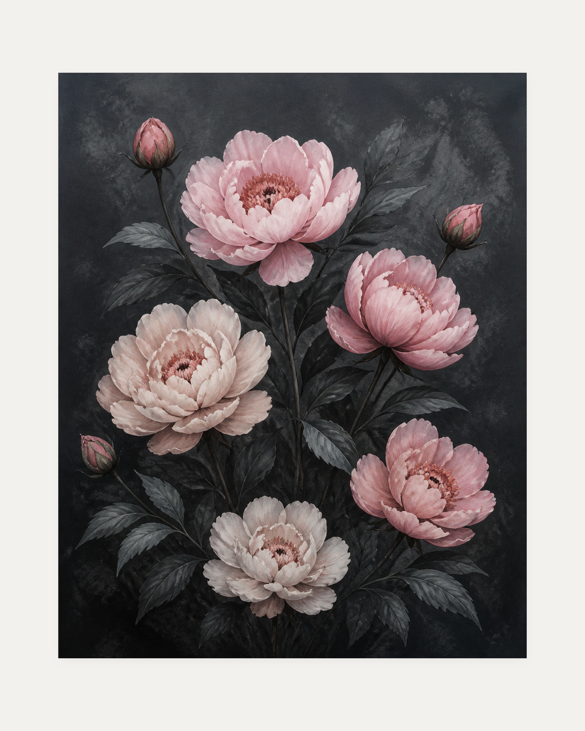 Charcoal Peonies unframed charcoal peony print showing pink peonies on charcoal