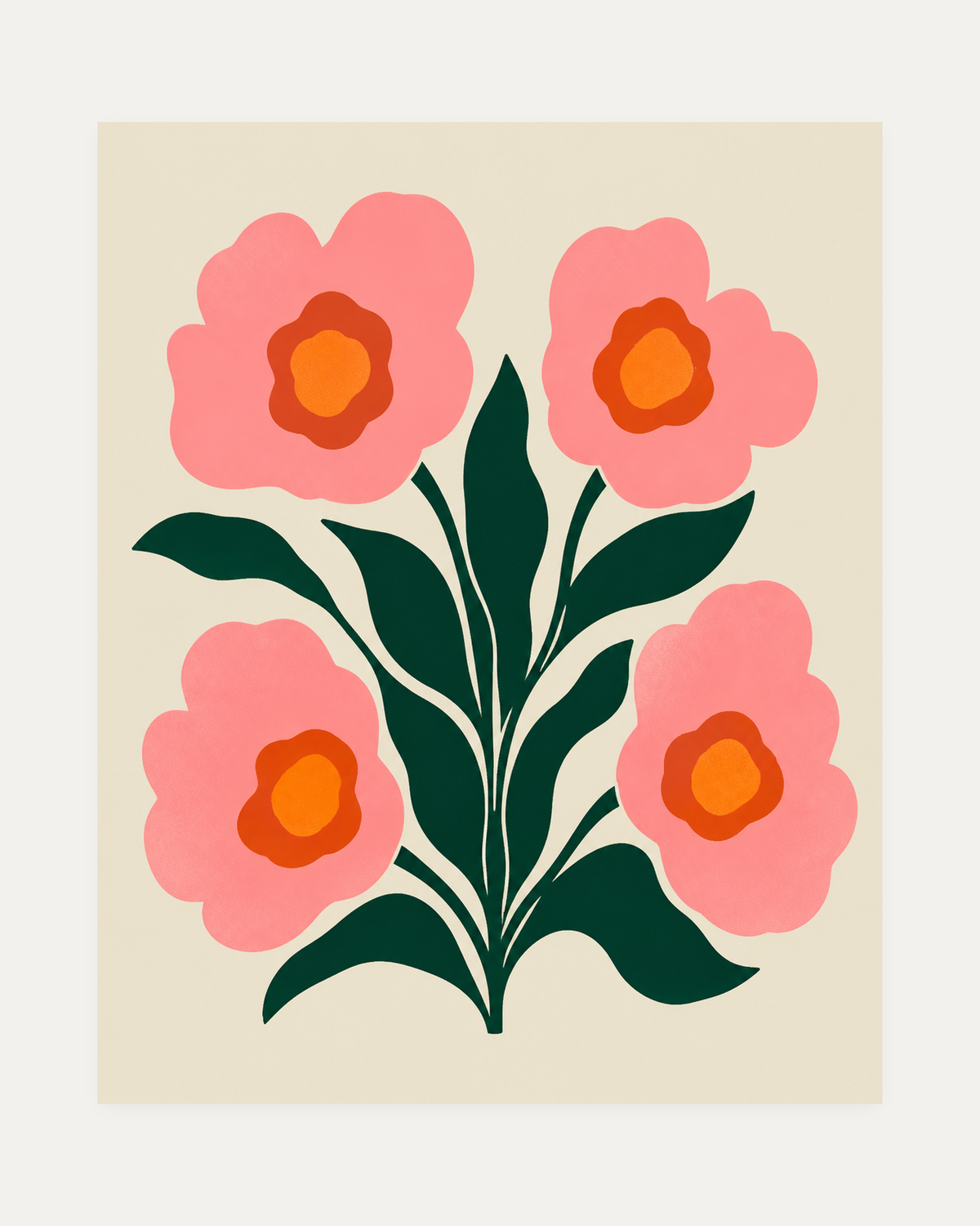 Coral Quartet unframed four coral bloom print showing four coral blooms with green stems