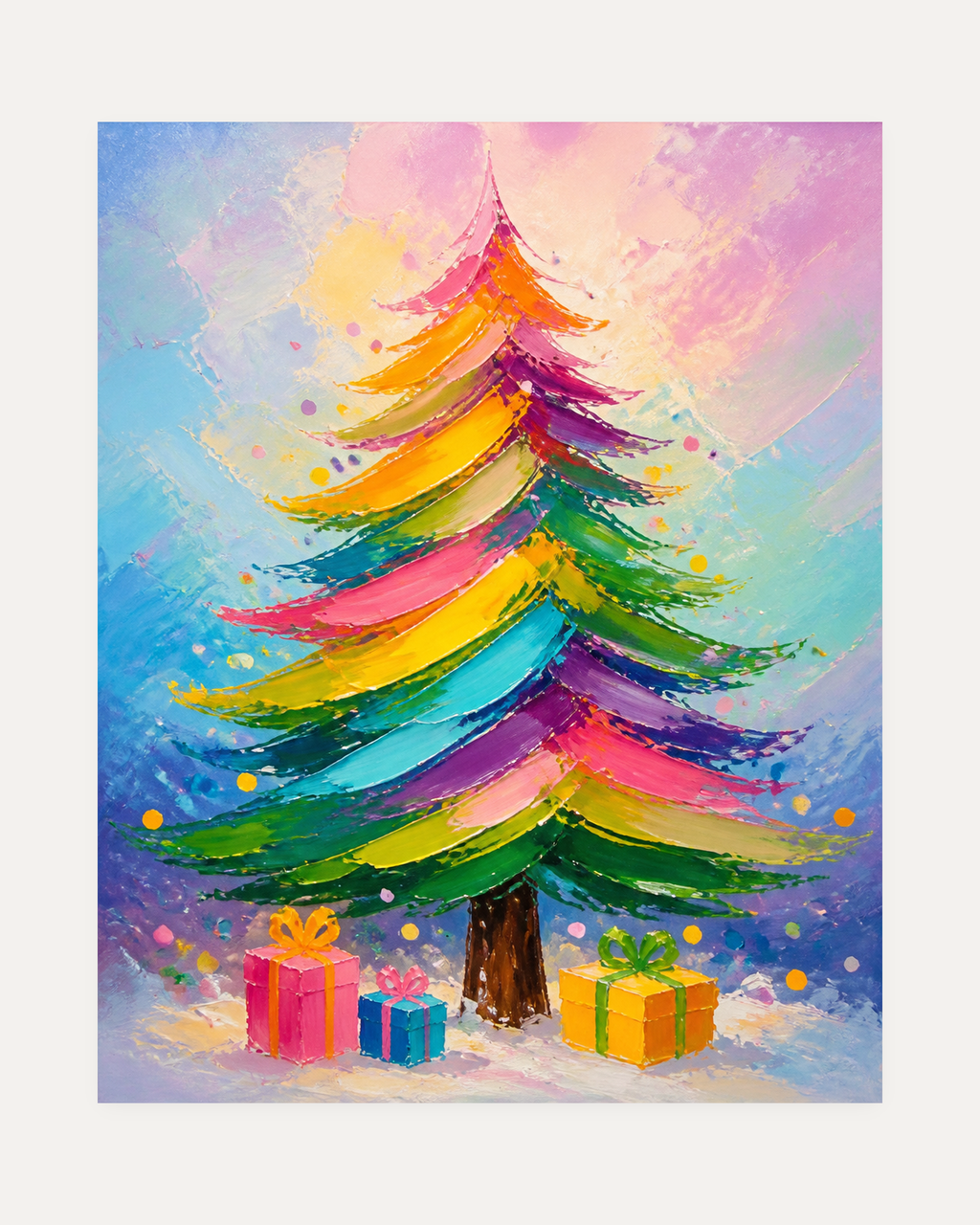 Rainbow Party unframed rainbow tree print showing a rainbow tree with three gifts