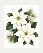 Winter Bloom unframed white poinsettia print showing two white poinsettias with pine