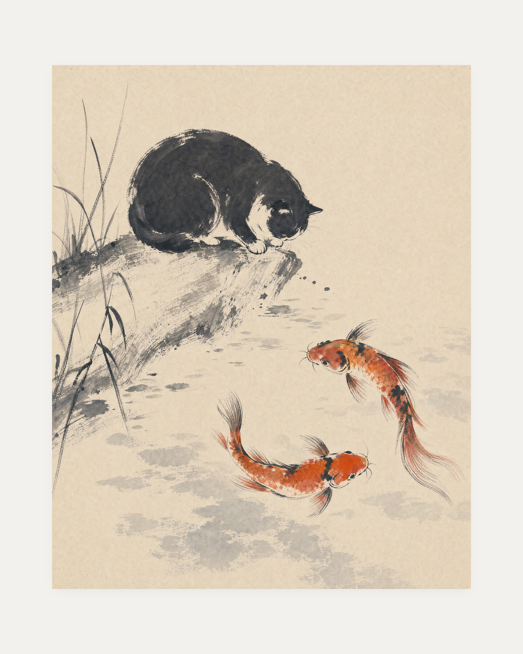 Ink Cat and Koi unframed cat artwork print showing ink cat on a rock above two orange koi