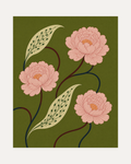 Peony Trio, olive peony wall art, three pink peony heads, cream speckled leaves, and slim stems on olive.