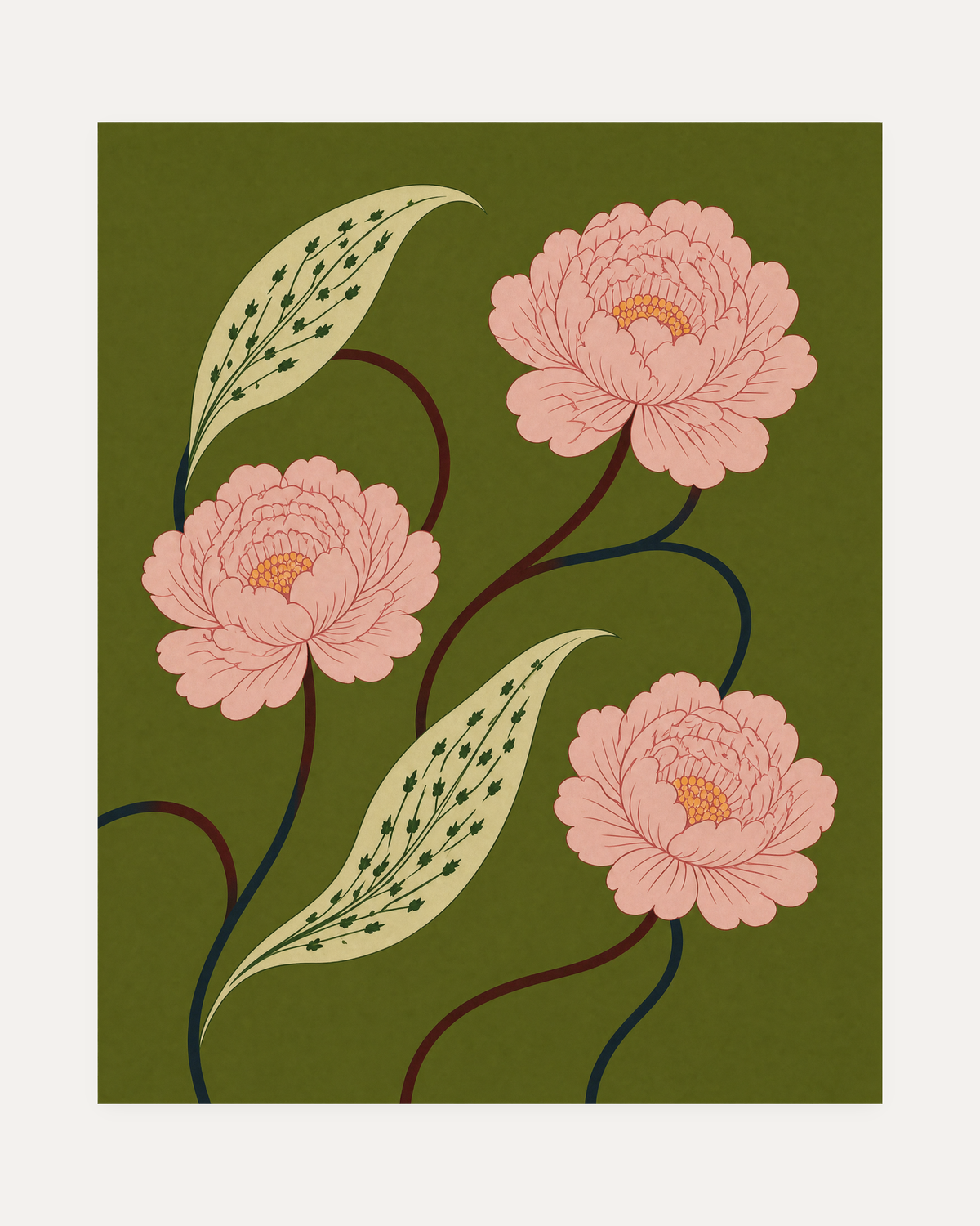 Peony Trio, olive peony wall art, three pink peony heads, cream speckled leaves, and slim stems on olive.
