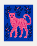 Leopard Patrol unframed leopard wall art print showing a pink leopard on blue