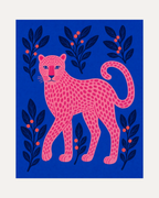 Leopard Patrol unframed leopard wall art print showing a pink leopard on blue