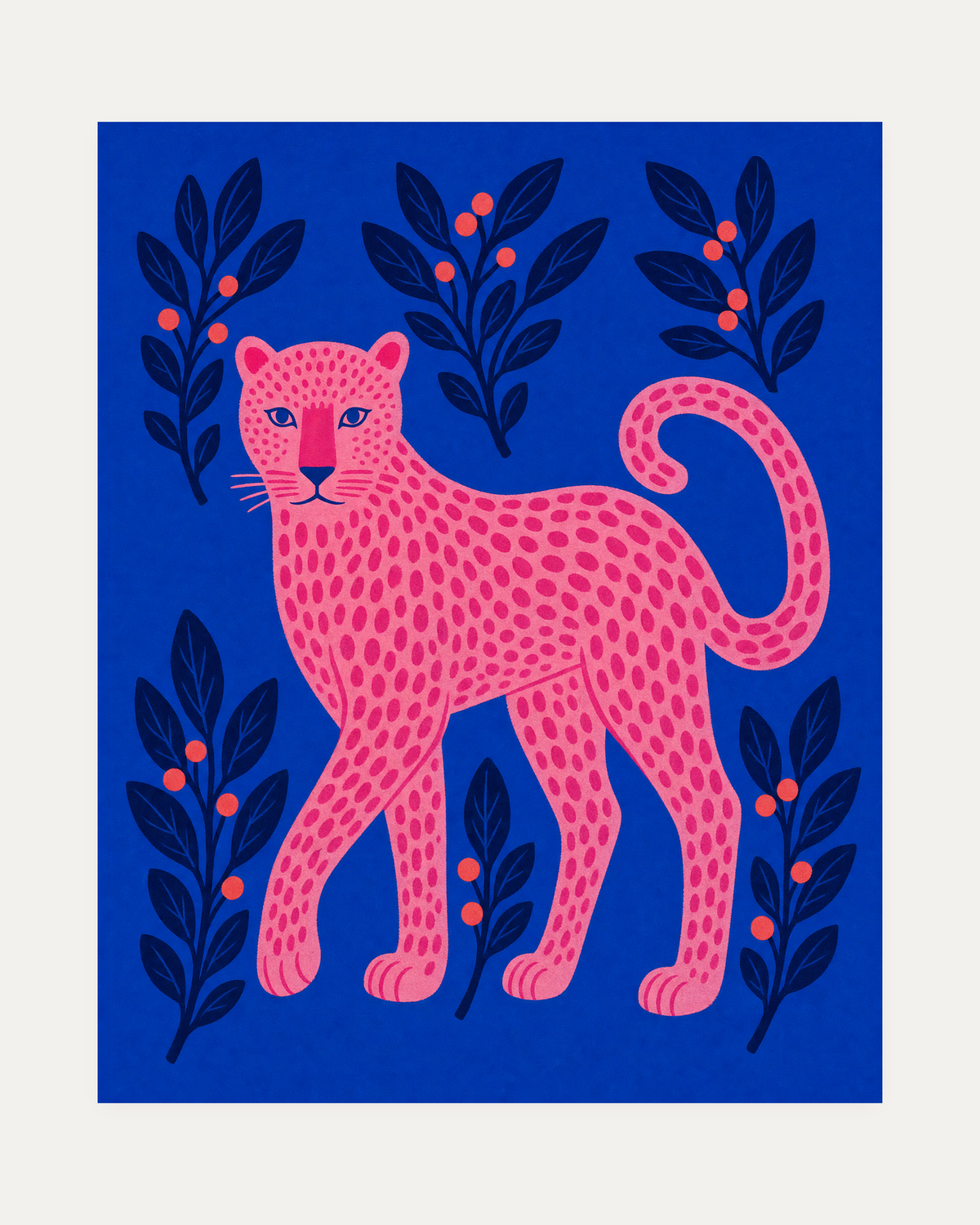Leopard Patrol unframed leopard wall art print showing a pink leopard on blue