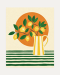 Morning Lemons unframed lemon wall art print showing a lemon branch in a striped pitcher