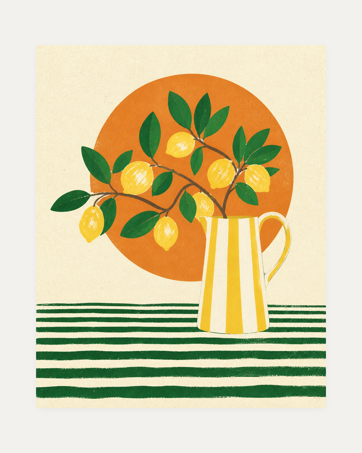 Morning Lemons unframed lemon wall art print showing a lemon branch in a striped pitcher