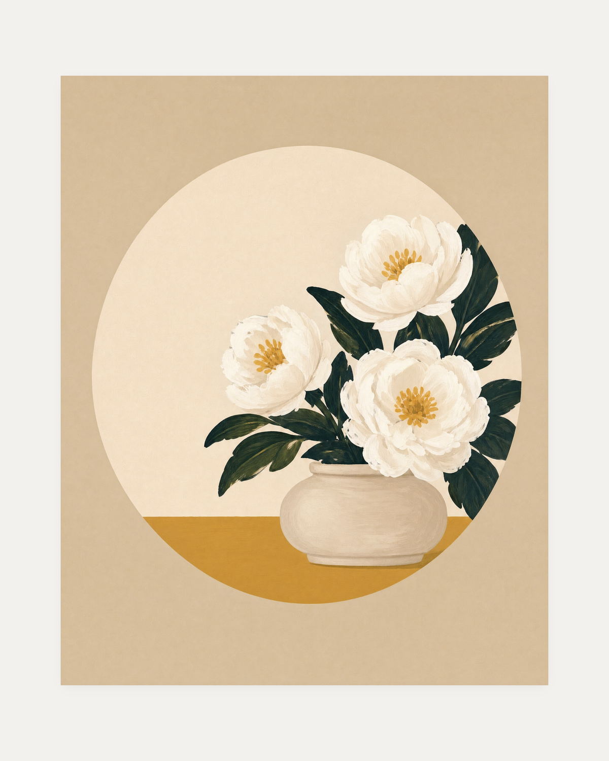 Morning Peonies, white peony wall art, three white peonies, green leaves, gray vase in a cream circle