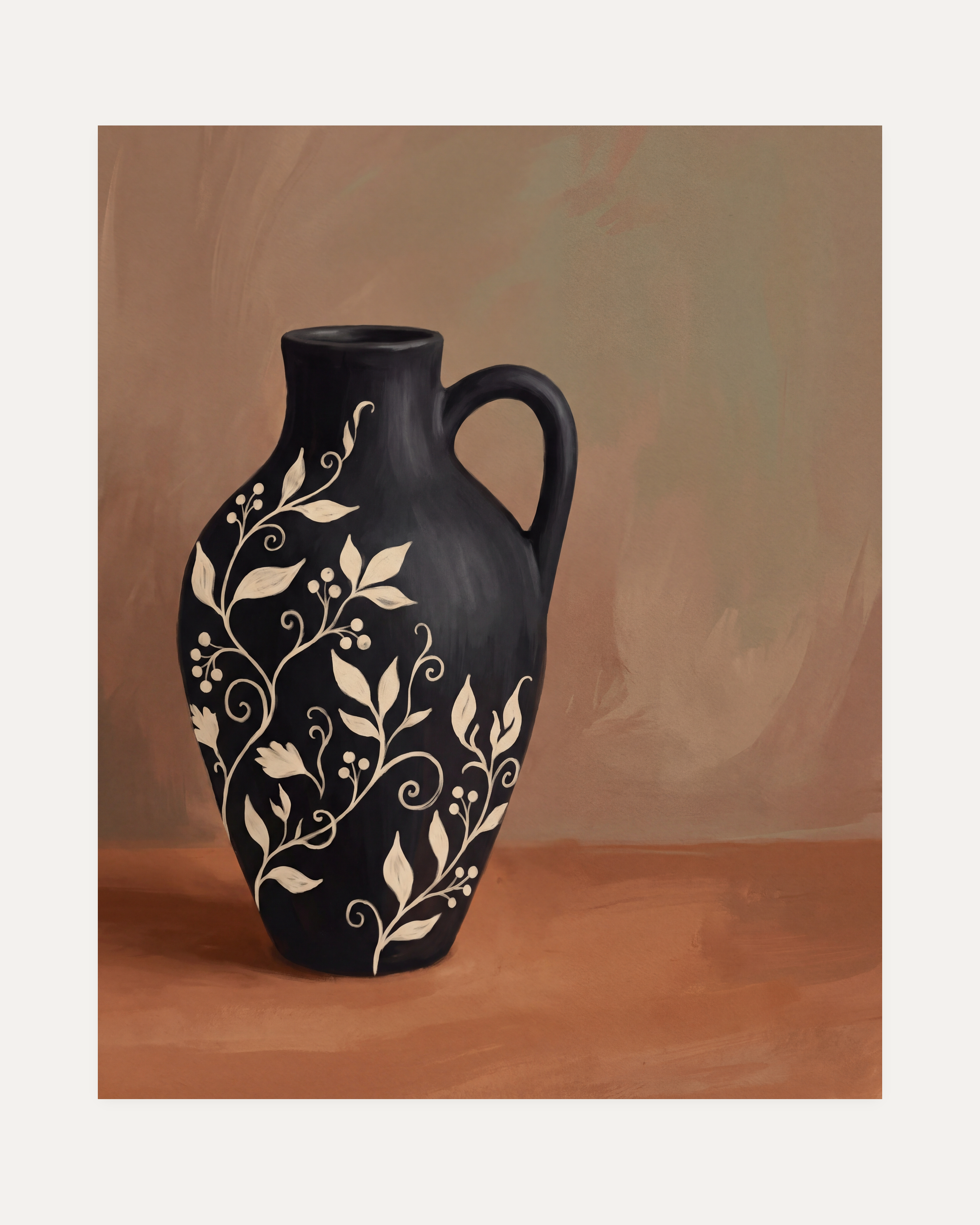 Black Amphora Motif unframed black amphora wall art print showing jug, leaves, and berries in black, beige, and brown