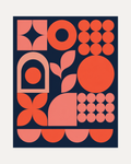 Coral Signal unframed navy and orange wall art print showing coral circles and dot grids on navy