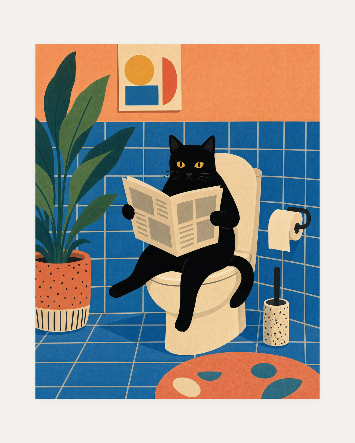 Black Cat Newspaper unframed black cat wall art print showing black cat, newspaper, blue tile, and peach wall