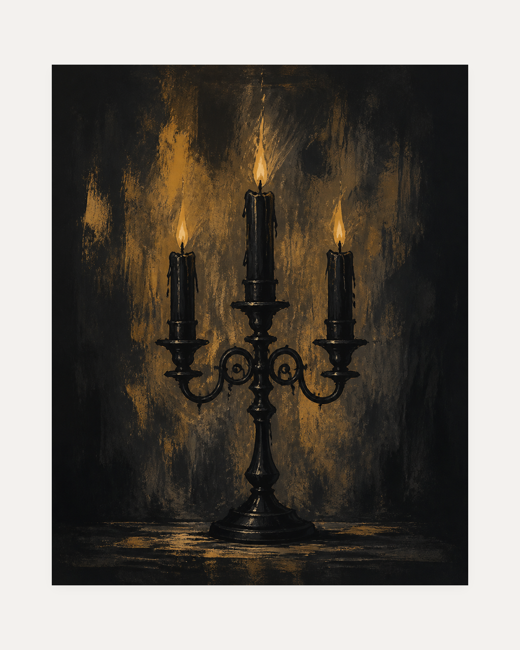 Candle Watch unframed dark candelabra print showing three candles in a black candelabra