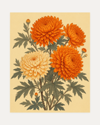 Chrysanthemum Hour unframed chrysanthemum wall art print showing orange chrysanthemum heads and grey-green leaves on cream