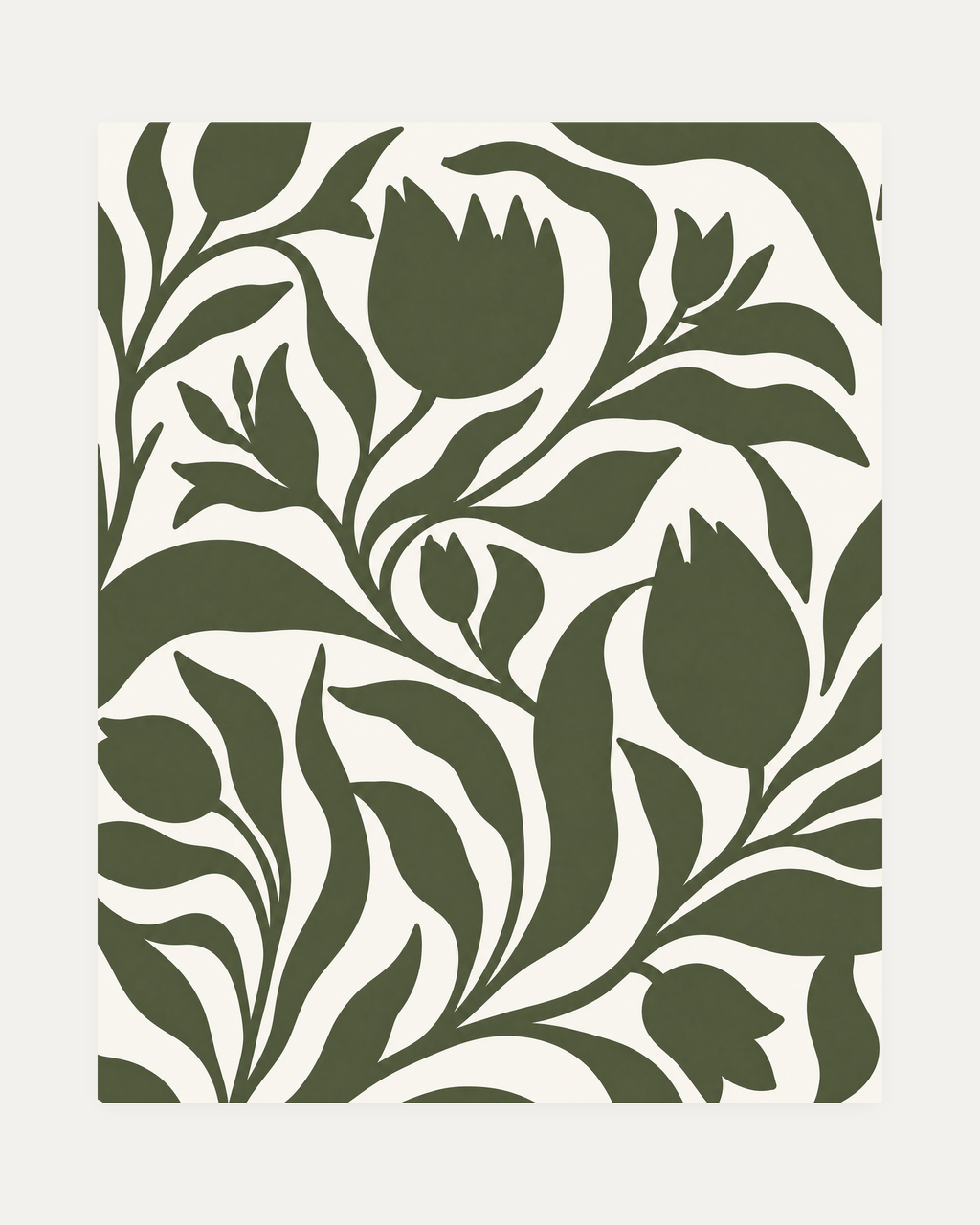 Bud Hour olive tulip silhouette wall art, paired tulip buds, slender stems, looping leaves in olive and ivory