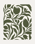 Bud Hour olive tulip silhouette wall art, paired tulip buds, slender stems, looping leaves in olive and ivory