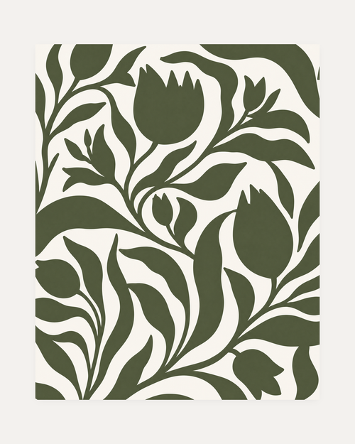 Bud Hour olive tulip silhouette wall art, paired tulip buds, slender stems, looping leaves in olive and ivory