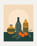 Twin Orange Sprigs Vertical unframed mid century vase wall art print showing three patterned mid century vases with orange fruit on dark green
