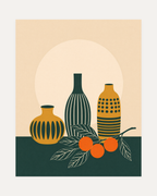 Twin Orange Sprigs Vertical unframed mid century vase wall art print showing three patterned mid century vases with orange fruit on dark green