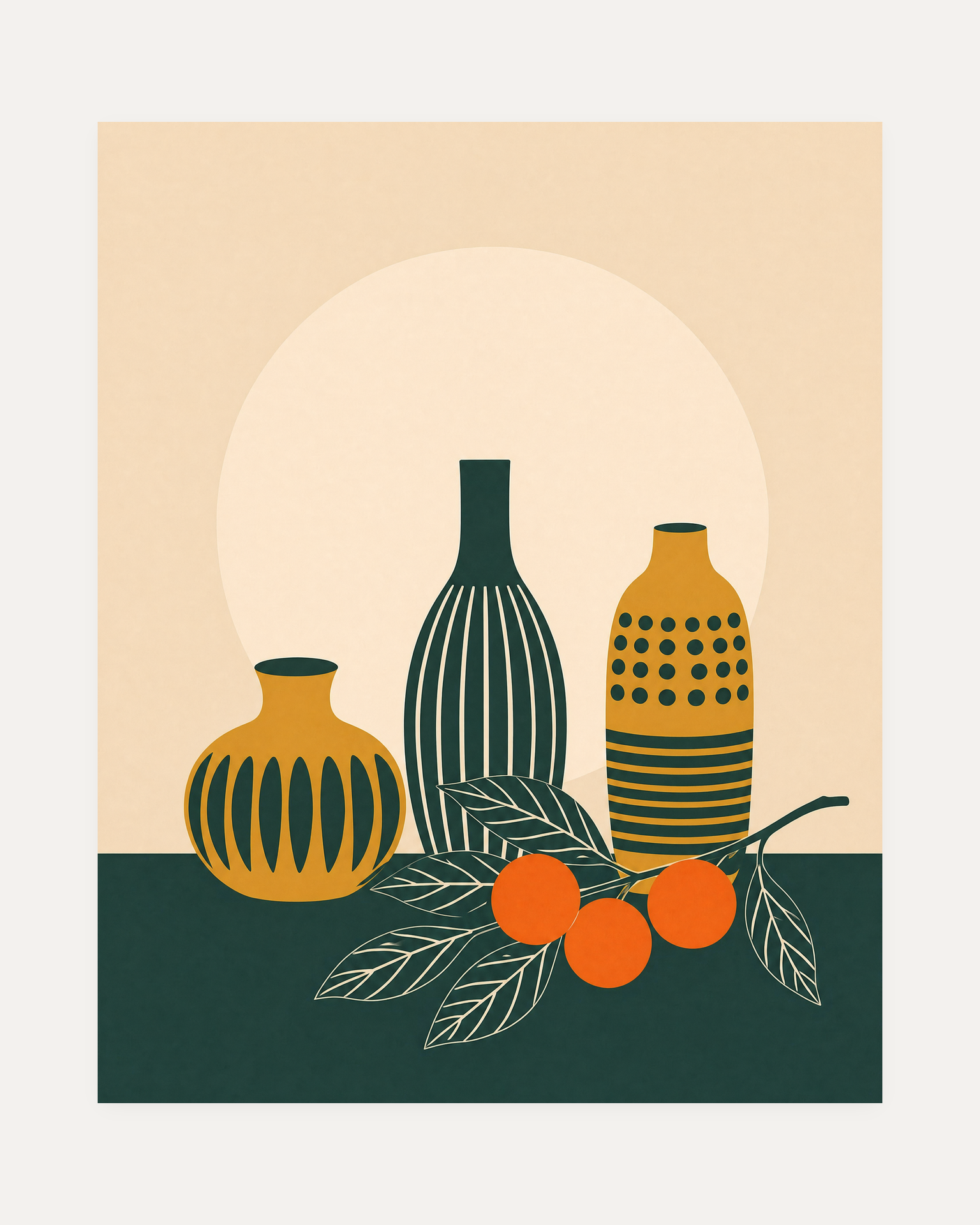 Twin Orange Sprigs Vertical unframed mid century vase wall art print showing three patterned mid century vases with orange fruit on dark green