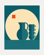 Bauhaus Grid Vessel Remap unframed geometric kitchen wall art print showing geometric teal pitcher and stacked cups with cream circle and orange square