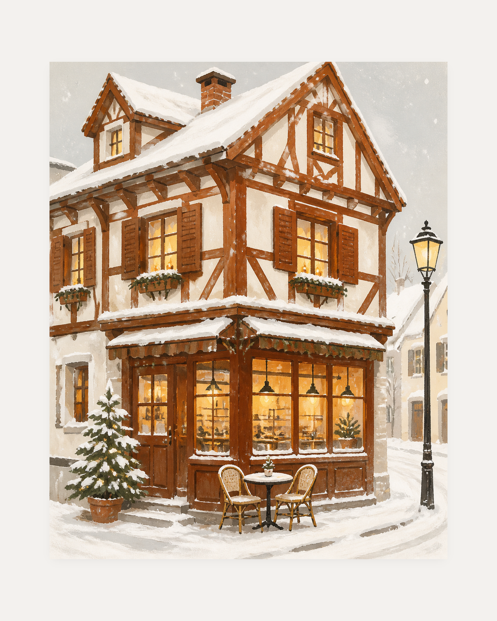 Corner Café unframed cafe wall art print showing a snowy corner cafe