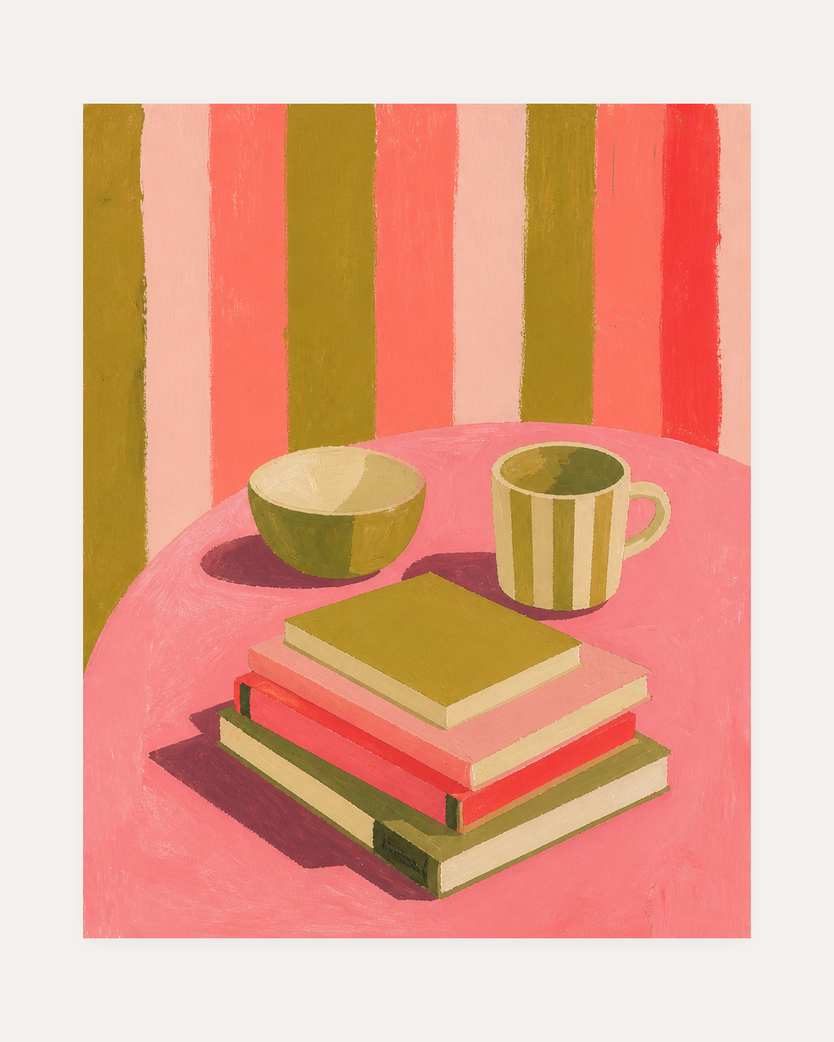 Reading Hour unframed vintage wall art print showing books, a striped mug, and a bowl on a pink table