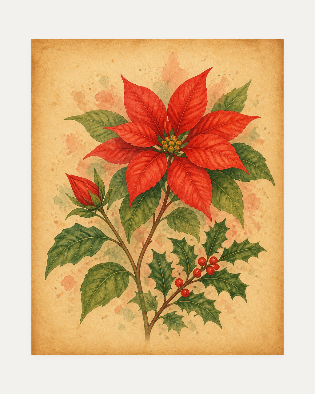 Winter Poinsettia unframed red poinsettia print showing a red poinsettia and holly