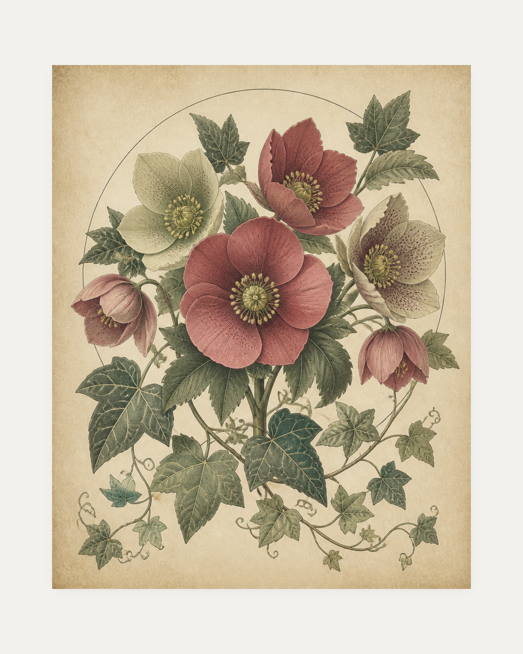 Hellebore Plate unframed hellebore plate print showing hellebores and ivy in an oval