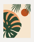 Monstera Cut Across Two Suns unframed monstera print showing forest monstera, peach sun, terracotta disc