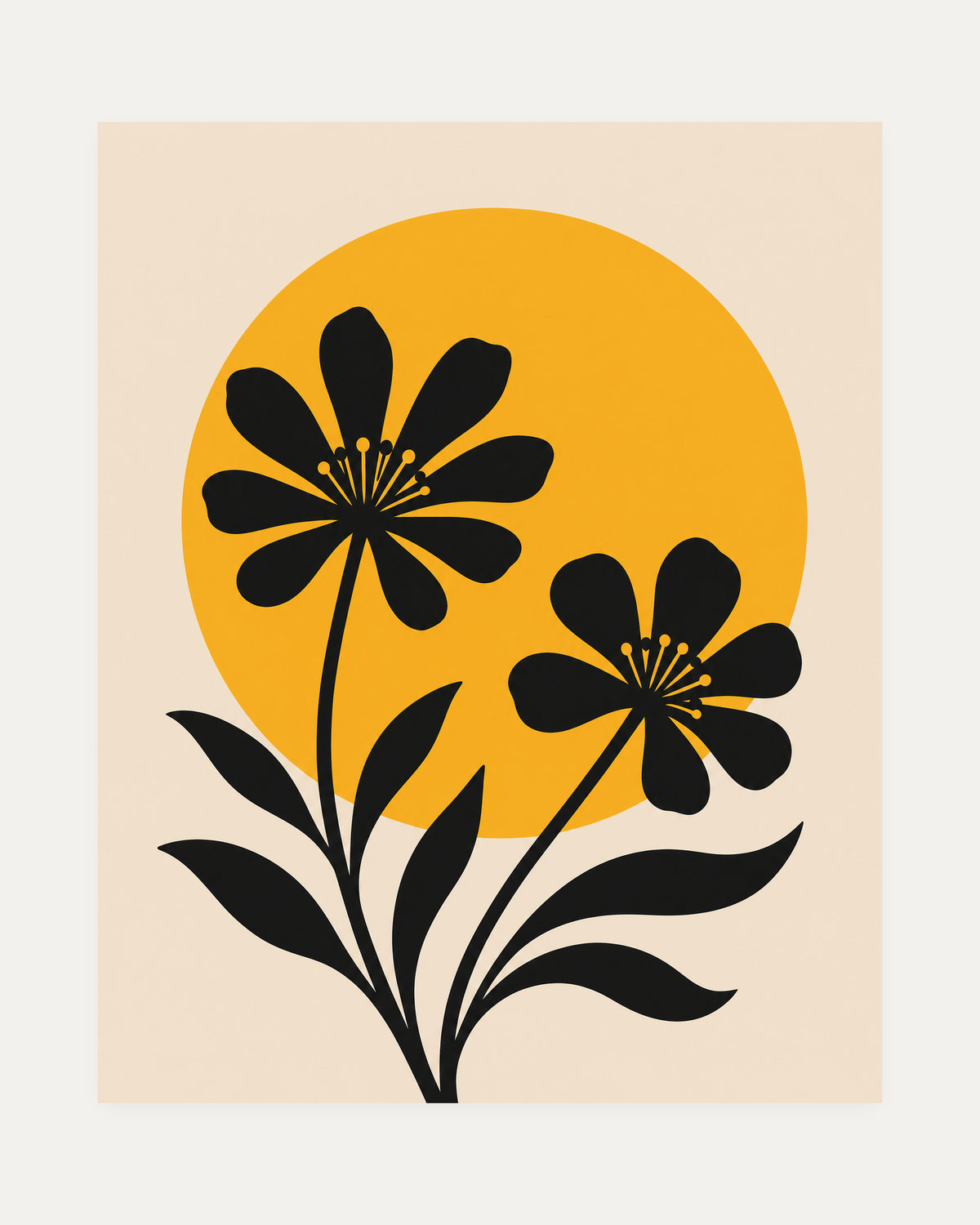 Noon Blooms, black bloom silhouette wall art with two dark flower heads, slender stems, and warm ocher disc on cream