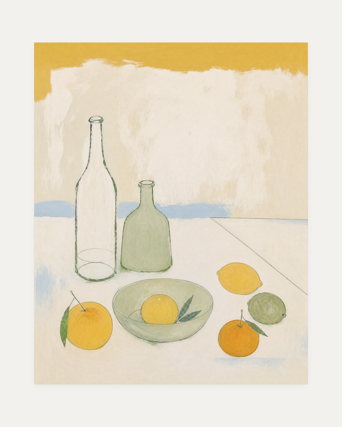 Morning Bottles citrus bottle still life wall art, two bottles, sage bowl, yellow and orange citrus on cream table