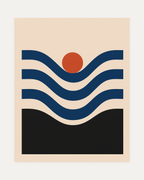 Coral Nest, navy wave coral wall art, navy wave bars above and below a coral disc on cream in portrait layout