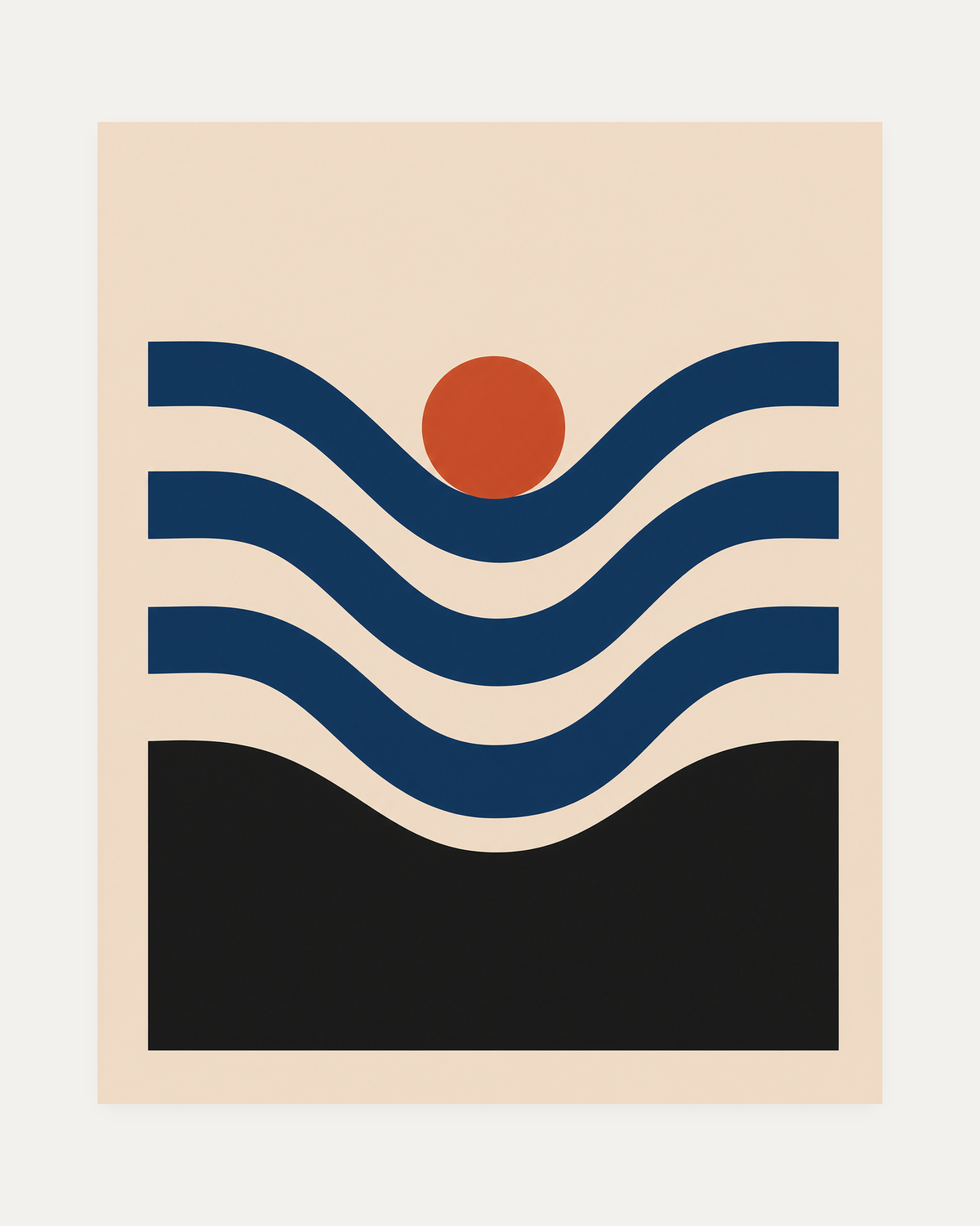Coral Nest, navy wave coral wall art, navy wave bars above and below a coral disc on cream in portrait layout