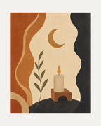 Moon Candle Gate unframed moon candle print showing cream candle, mustard moon, terracotta gate