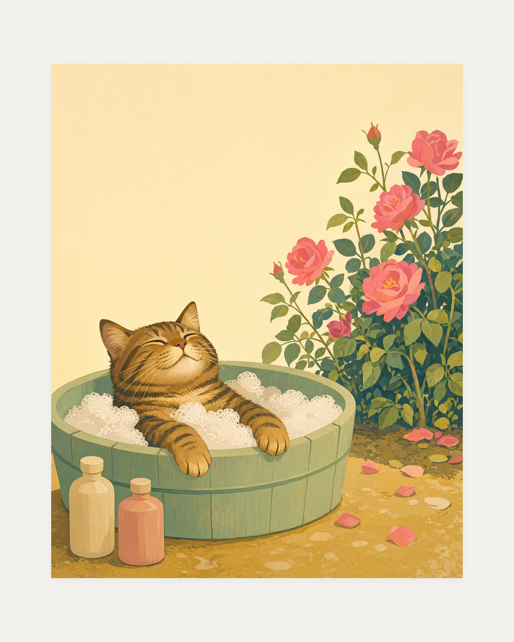 Tabby Bubble Bath unframed tabby cat print showing brown tabby, celadon basin, foam, and pink roses