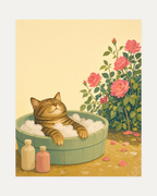 Tabby Bubble Bath unframed tabby cat print showing brown tabby, celadon basin, foam, and pink roses