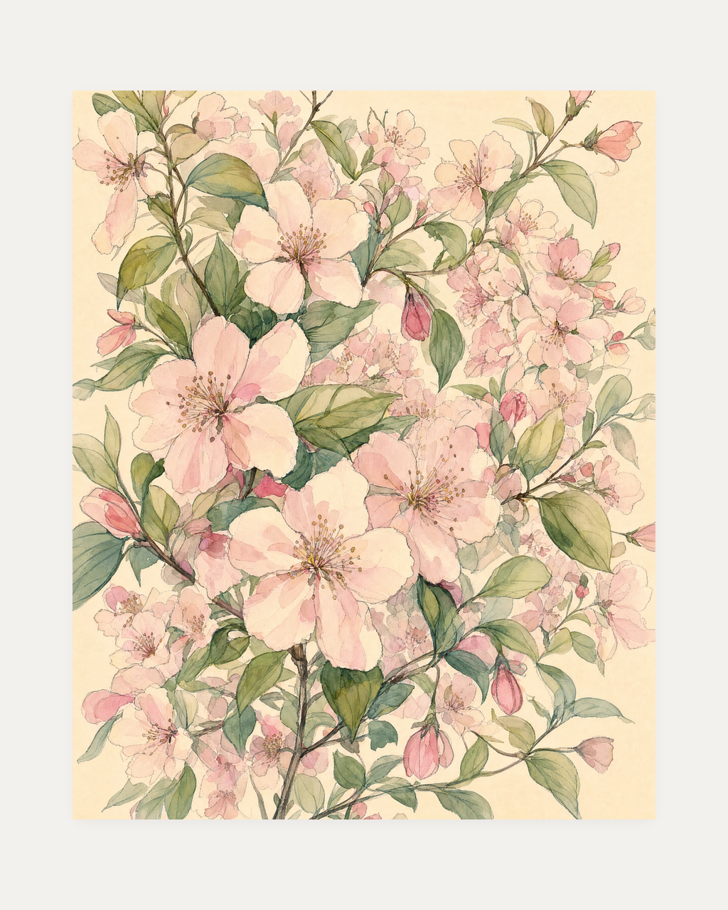 Blossom Spray, pale blossom wall art, soft coral flowers, sage green leaves, ivory open field