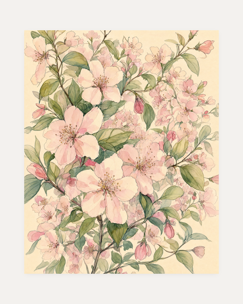 Blossom Spray, pale blossom wall art, soft coral flowers, sage green leaves, ivory open field