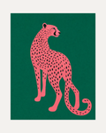 Afternoon Cheetah unframed cheetah wall art print showing a pink cheetah on green